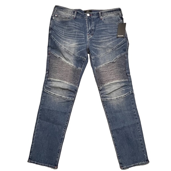 NWT True Religion Rocco Moto Relaxed Faded Skinny Jeans 36x32 Denim Medium Wash